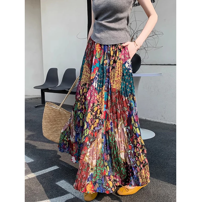 Beach Style New Arrival Summer Women Casual Vintage Floral A-line Ankle-length Skirt Loose Good Quality High Waist Skirts T115