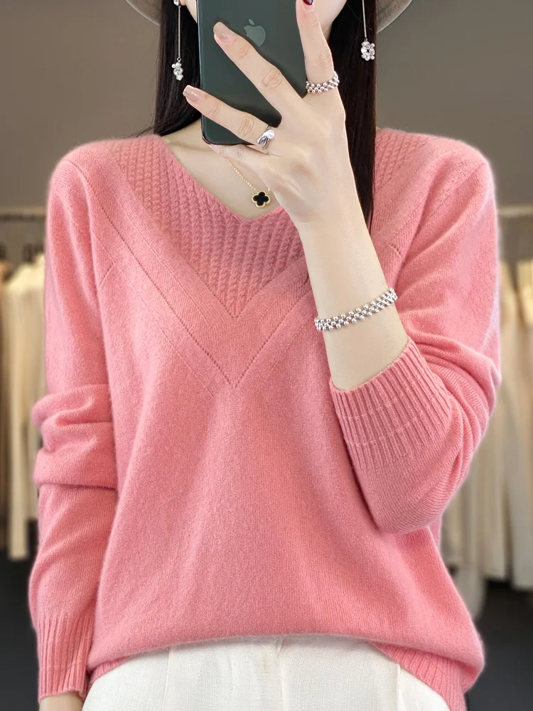 

New Fashion 2024 Spring Autumn Women Sweater 100% Merino Wool V-Neck Long Sleeve Pullover Knitwear Shirt Women Clothing