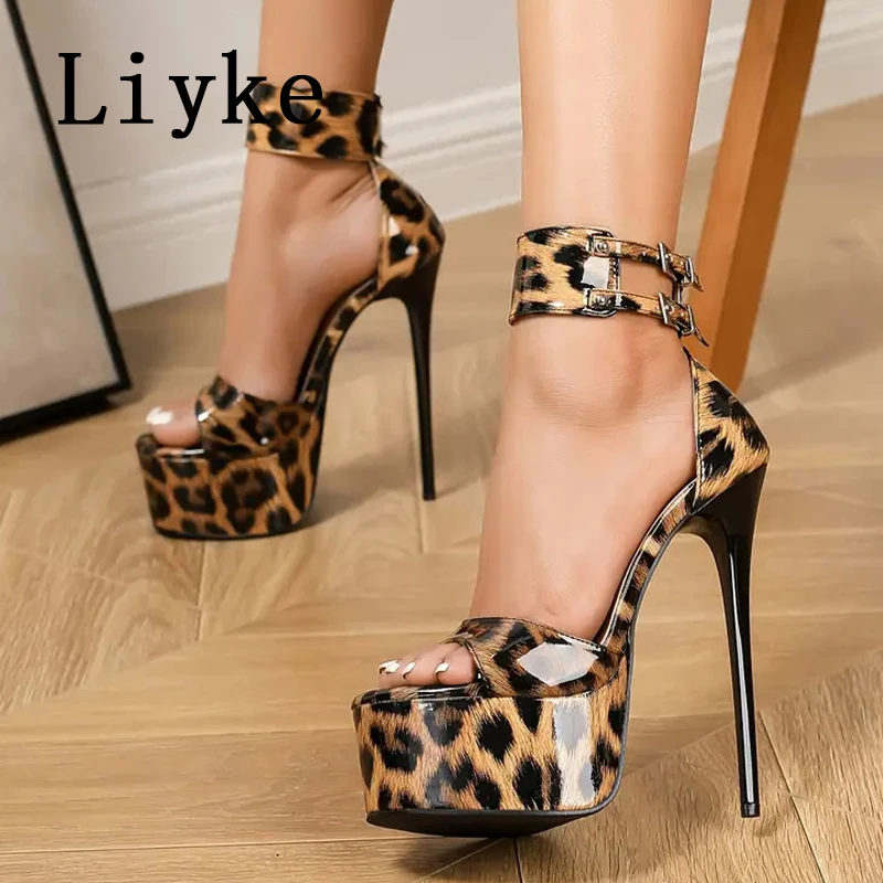 

Liyke Fashion Design Double Buckle Strap Women Platform Sandals Sexy Leopard Print Super High Heels Party Stripper Shoes Size 42