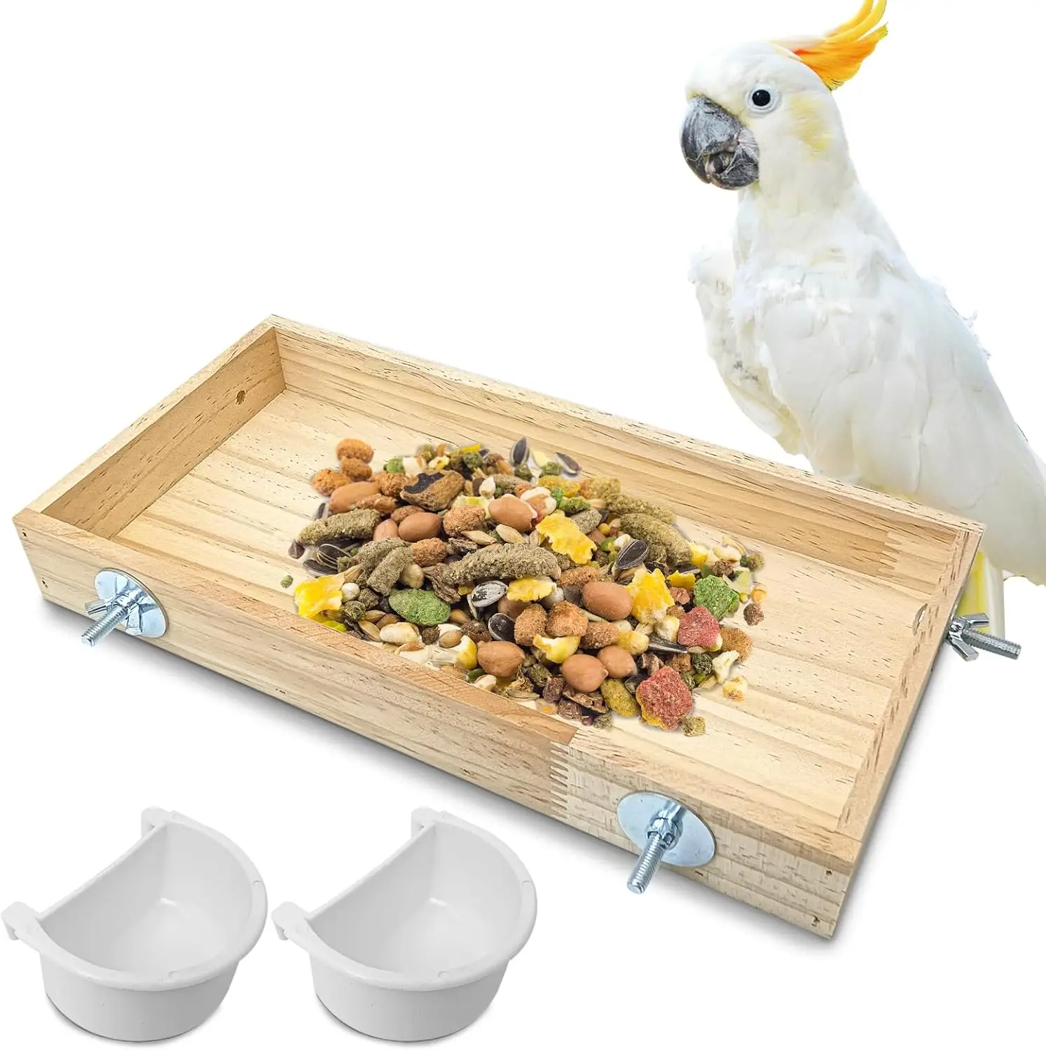 

Wooden Bird Feeder for Cage Natural Wood Bird Foraging Box Food Dish for Small to Medium Birds Parrot Feeding Cups for Co