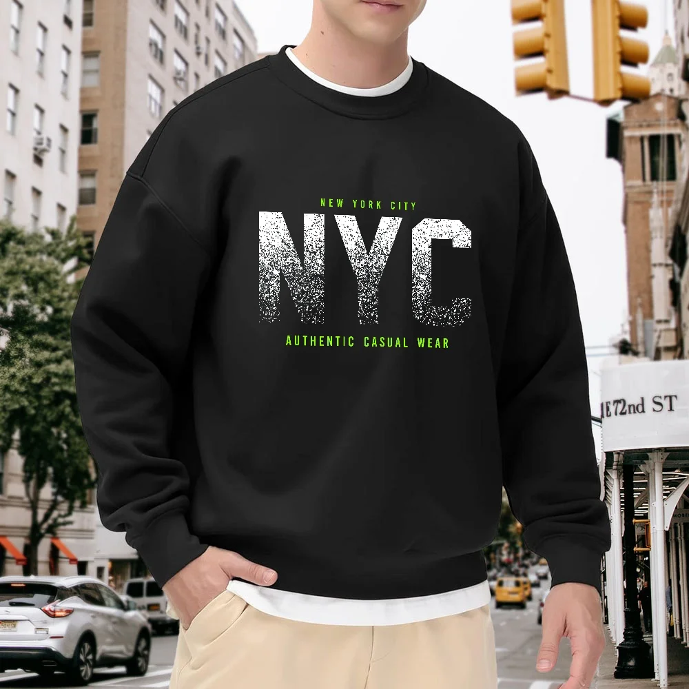 

Men's Black Crew Neck Loose Sweatshirt with New York City Letter Print, Casual Top, Street Fashion Versatile Style, Comfortable, Breathable, and Stylish for Everyday Wear
