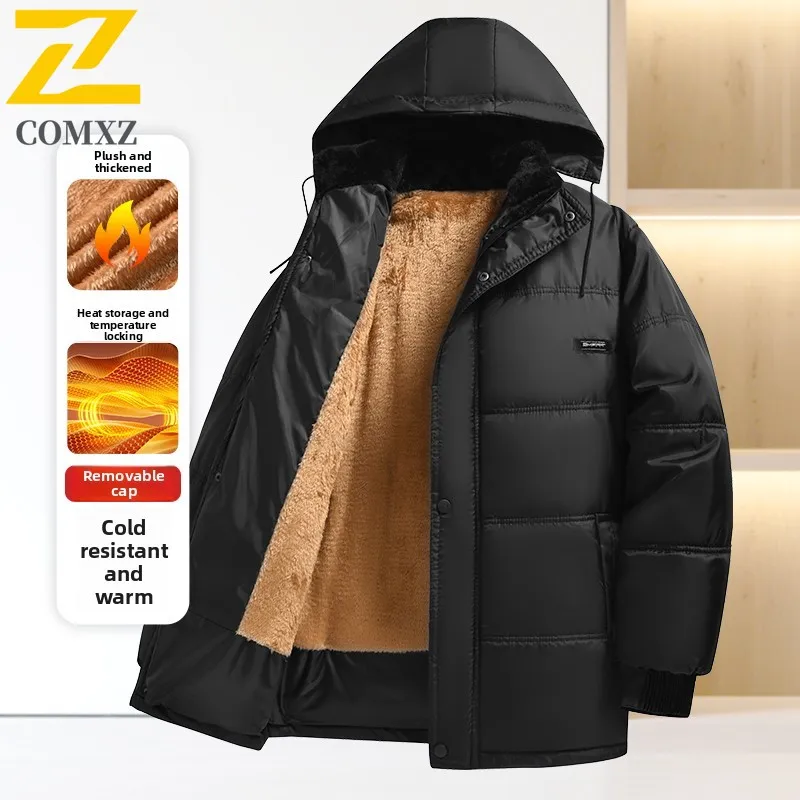 Winter Fleece Warm Parkas Men's Trendy Classic Wool Lined Soft Cold-proof Jacket 2025 New Ski Puffer Detachable Hat Padding Coat