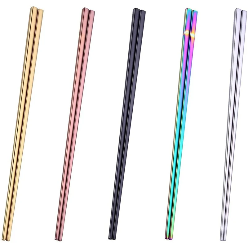 Learning Chopsticks Reusable Dishwasher Safe Metal Chopsticks, Square Chop Sticks 5 Pairs,Photo Color