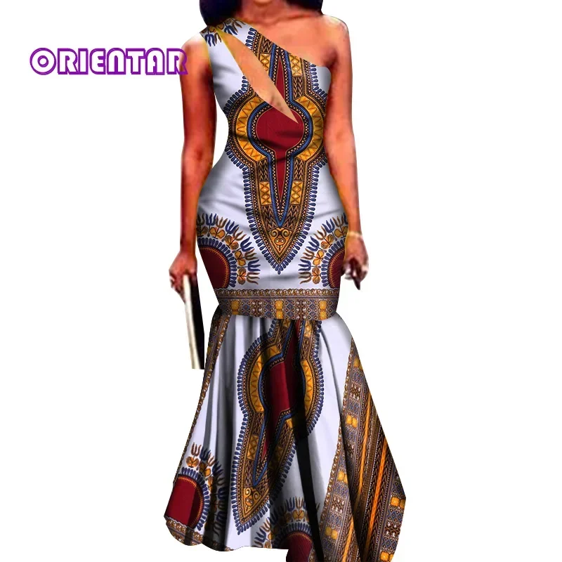 African Wax Print Dresses for Women Bazin Riche Sexy One-Shoulder Long Dress Lady Elegant Party Dress WY496