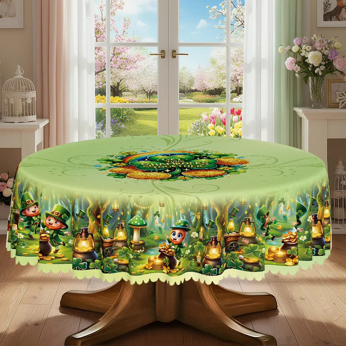 Pack of 1, Spring St. Patrick's Day Themed Tablecloth, Green Forest Style Mushroom House Glowing Lantern Pattern Tablecloth