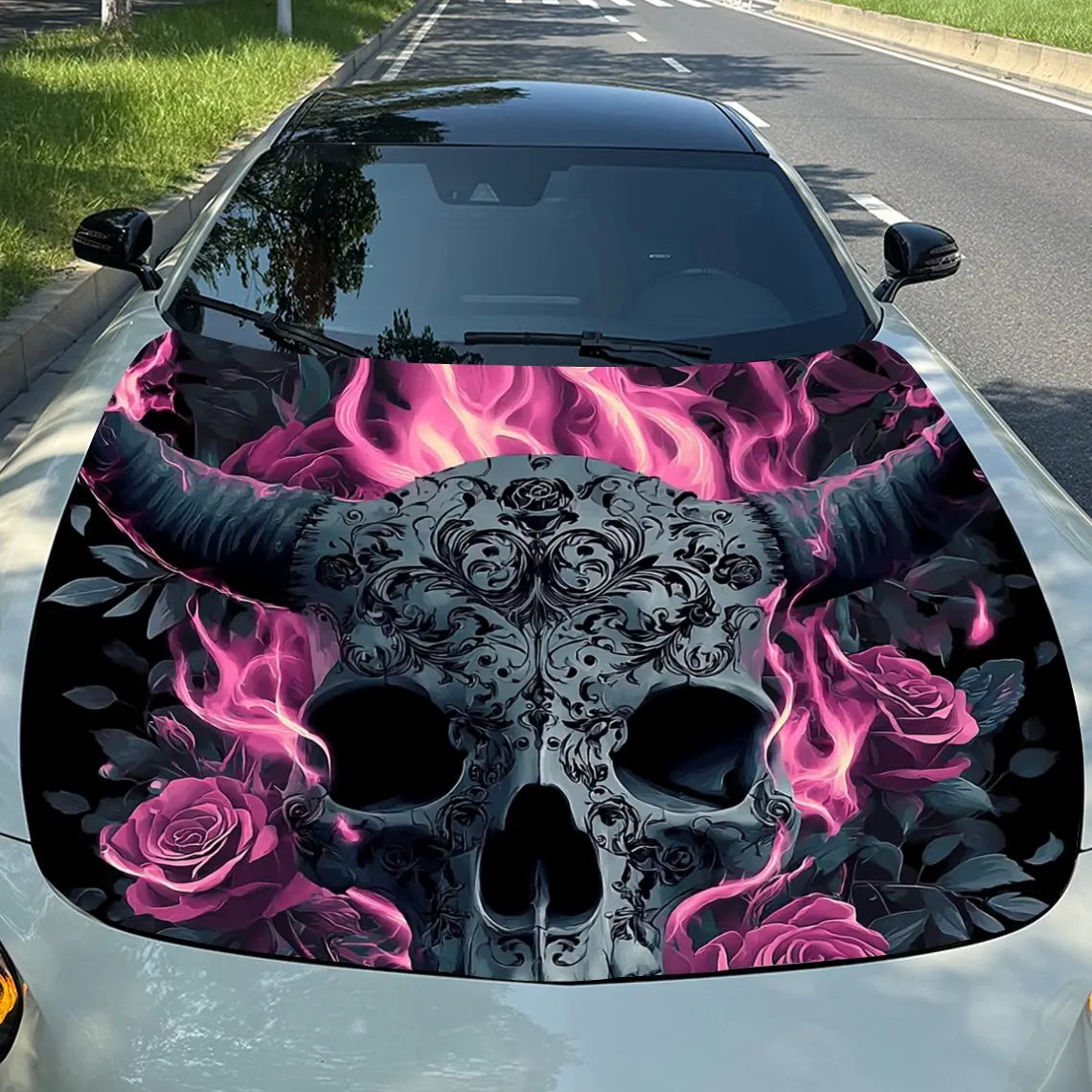 

Pink Flame Skull Car Hood Vinyl Wrap - Self-Adhesive Scratch-Resistant Waterproof PVC Decal, Fit For Trucks & Cars, Durable Engi