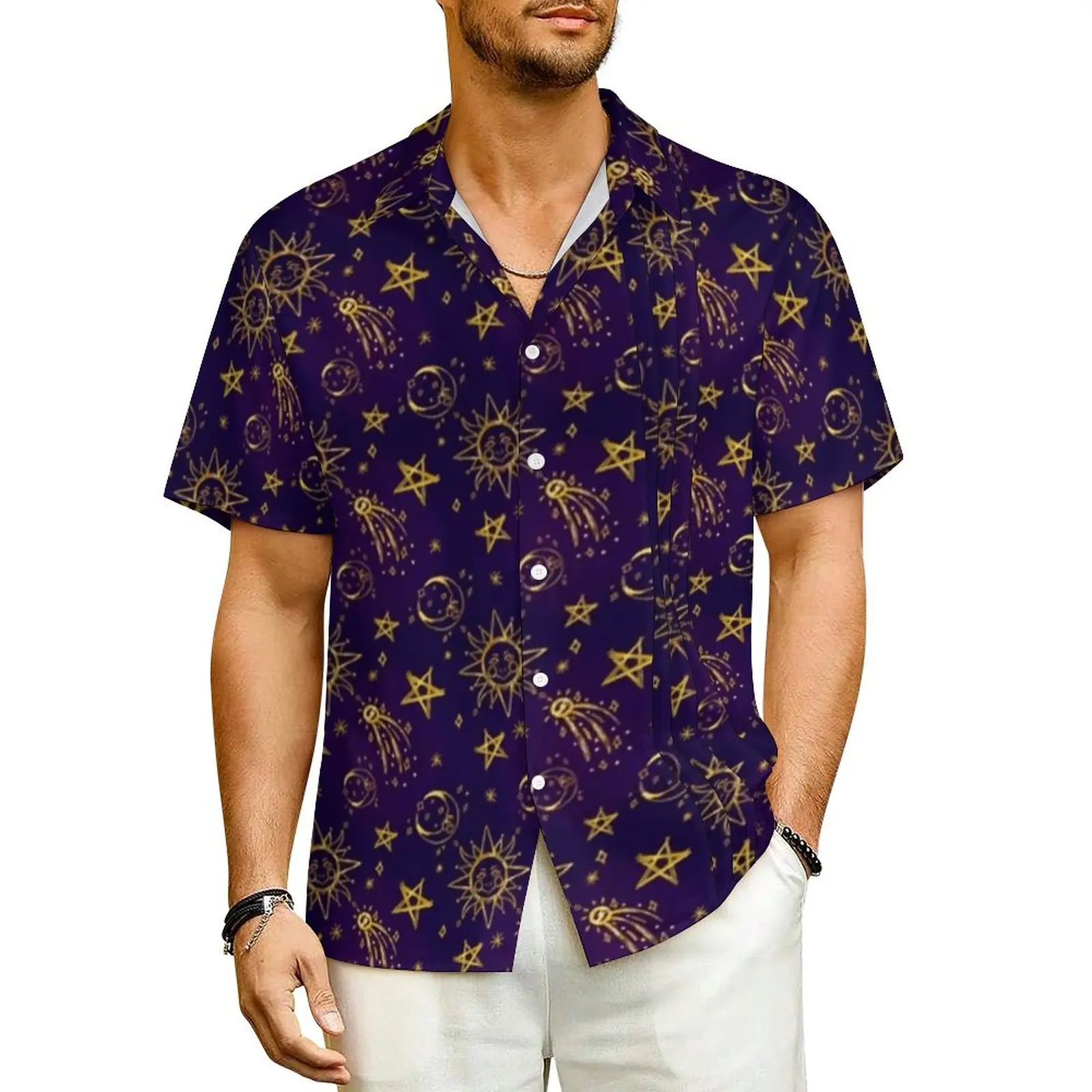 Sun And Moon Casual Shirt Astrology Print Novelty Summer Shirts Male Short-Sleeved Vacation Breathable Plus Size 3XL 4XL Blouses