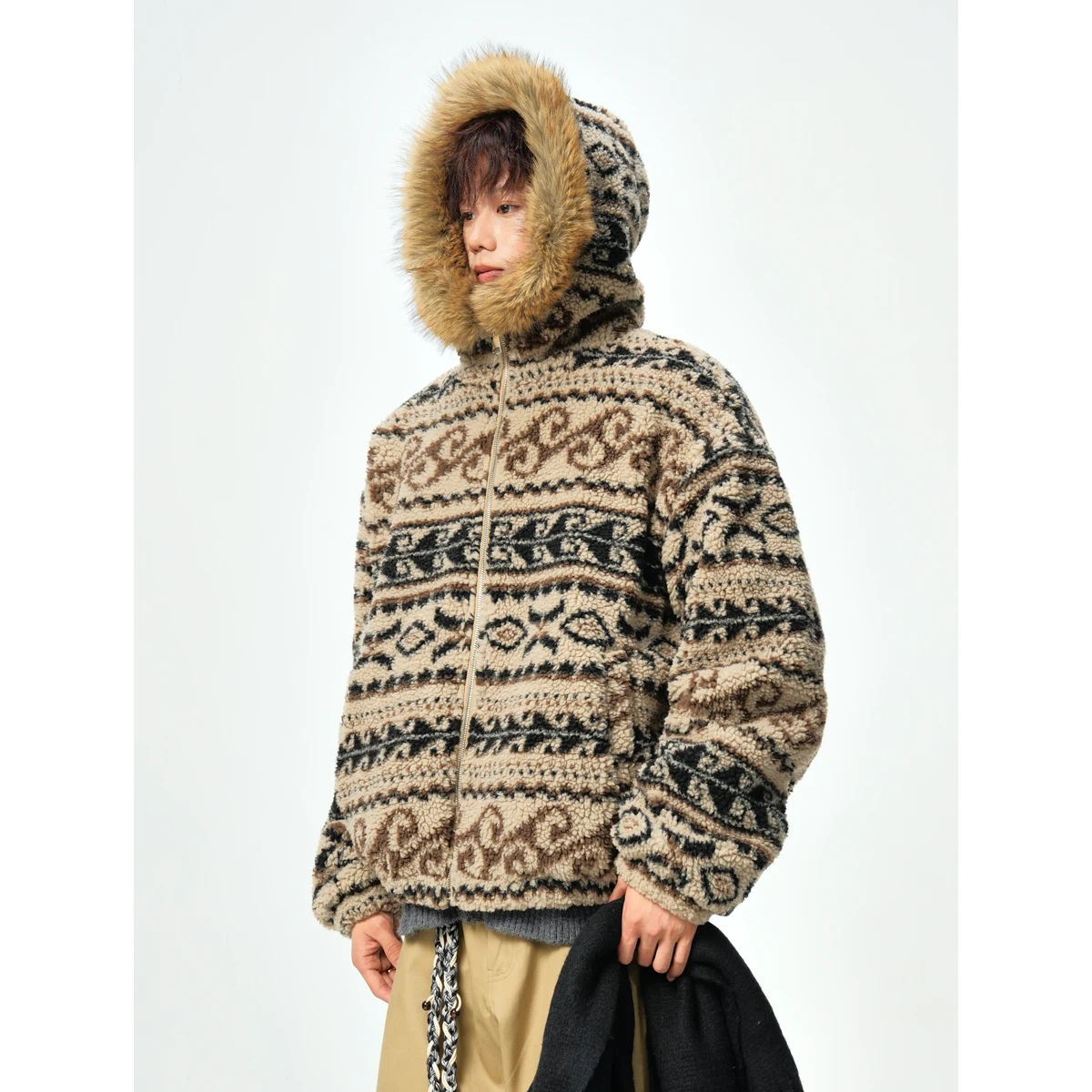 

Unisex Camouflage Fleece-Lined Jacket with Sheep Fur Collar - Khaki (Gray/Black) M-3XL Winter Warm Coat Fashion