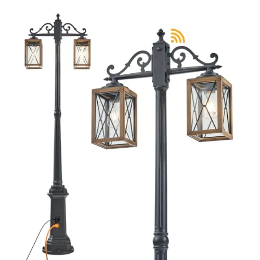 

Уличный светильник от заката до рассвета с розеткой GFCI, двухголовочный, в стиле фермерского дома, уличный фонарь, алюминиевый, черный, на столб, для наружного освещения
