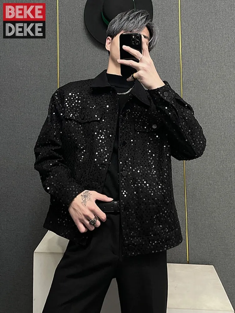 High Street Men Spring New Loose Fit Shiny Sequins Black Denim Jacket Fashion Oversized Party Outwear Coat Casual Male Jackets