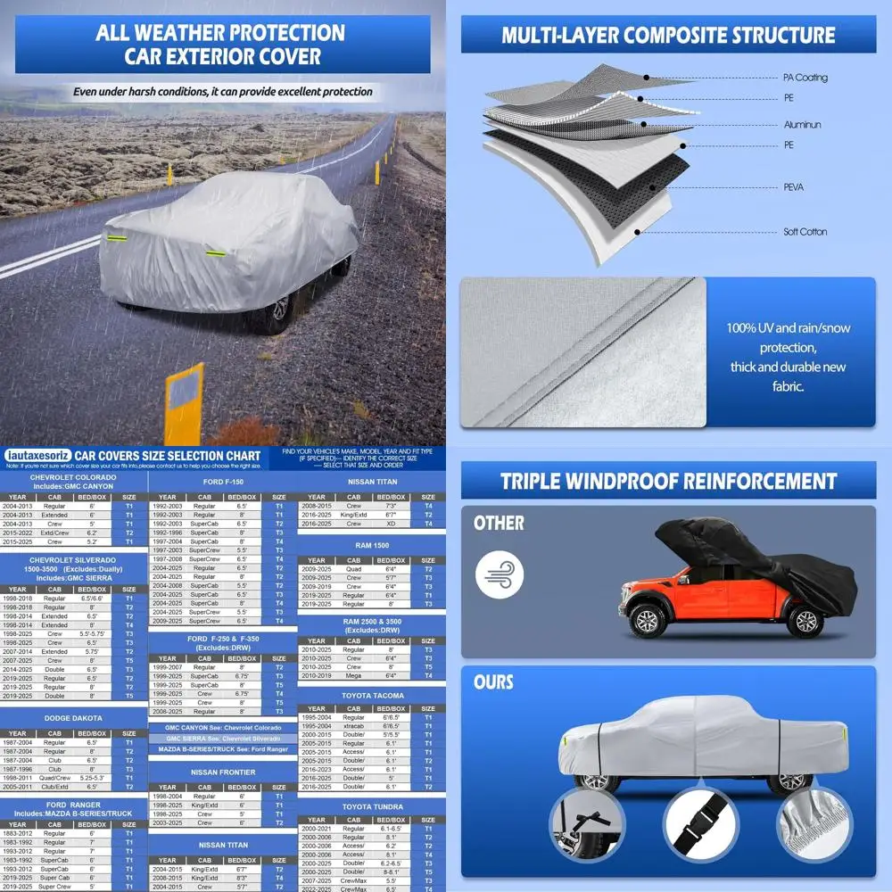 

Всепогодный водонепроницаемый 6-слойный чехол для грузовика Ford F150, Chevy Silverado, GMC Sierra, Ram 1500, Tundra (подходит для грузовиков до 240),
