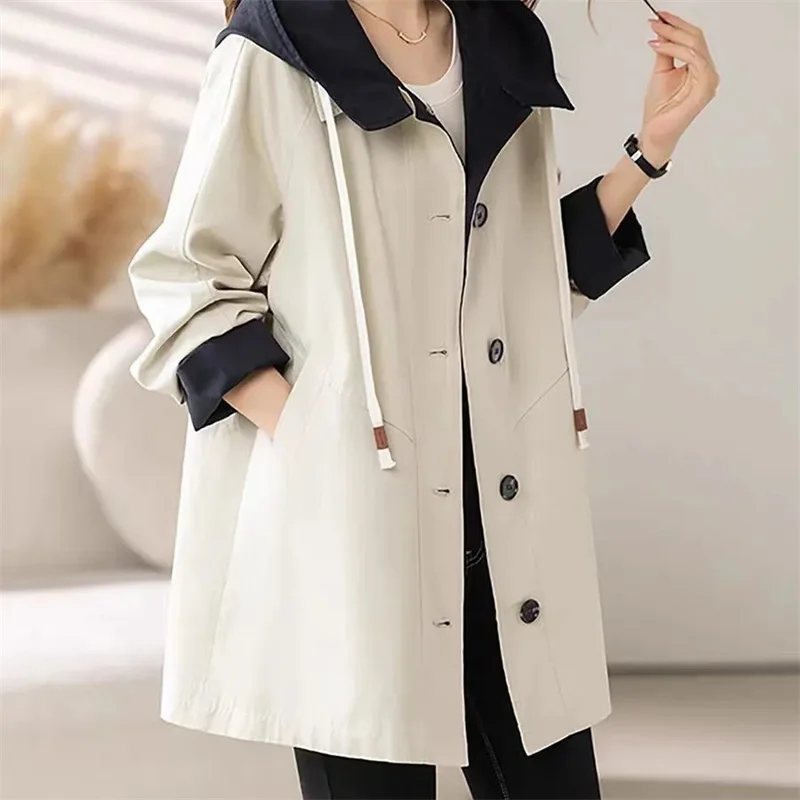

Single-Breasted Long Windbreaker Coat Women's Spring Autumn New Jacket Slim Female Outwear Korean Hooded Contrast Color Overwear