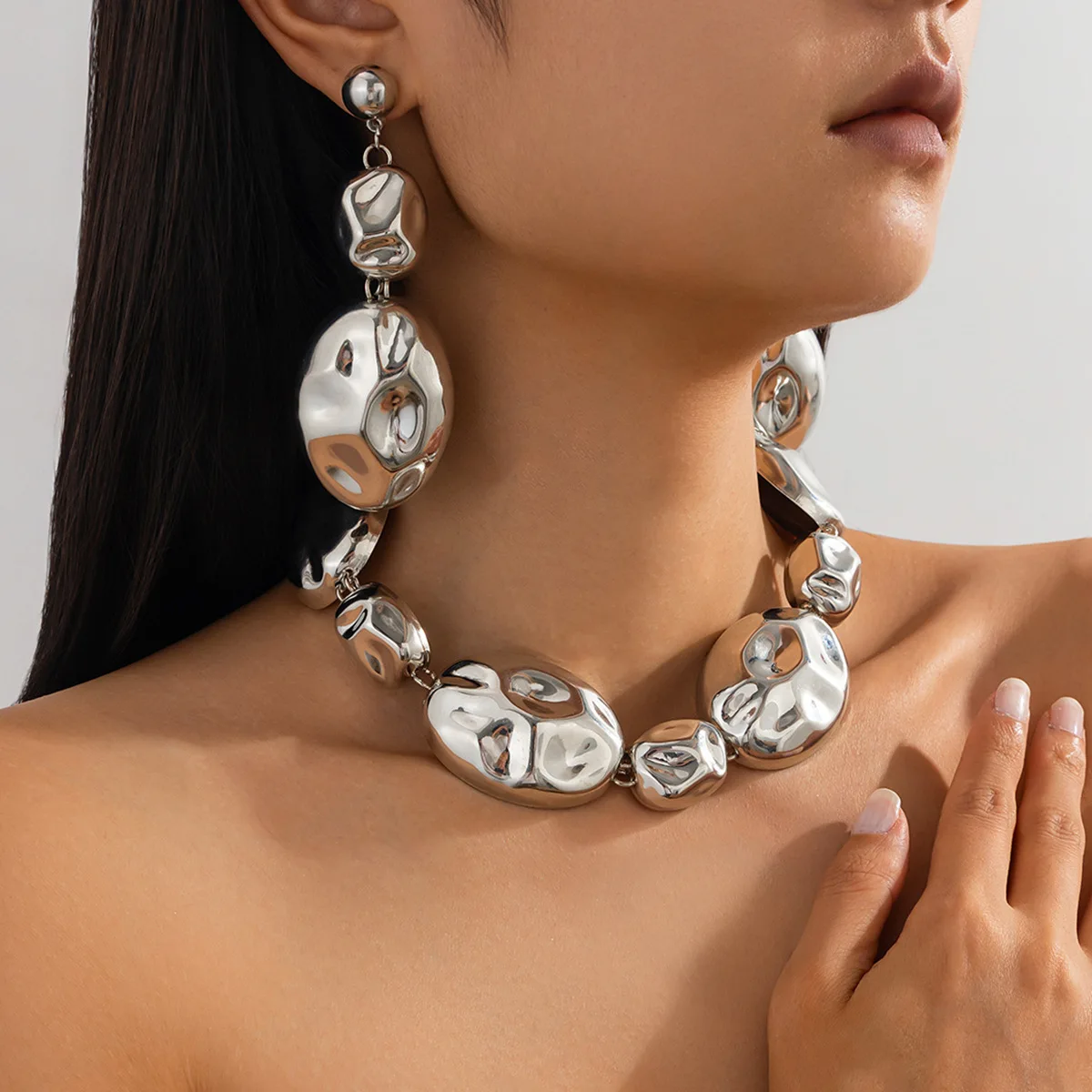 KMVEXO Vintage Choker Necklaces Earrings Set For Women Punk Irregular Glossy Metal Gold Silver Color New Hip Hop Jewelry Set