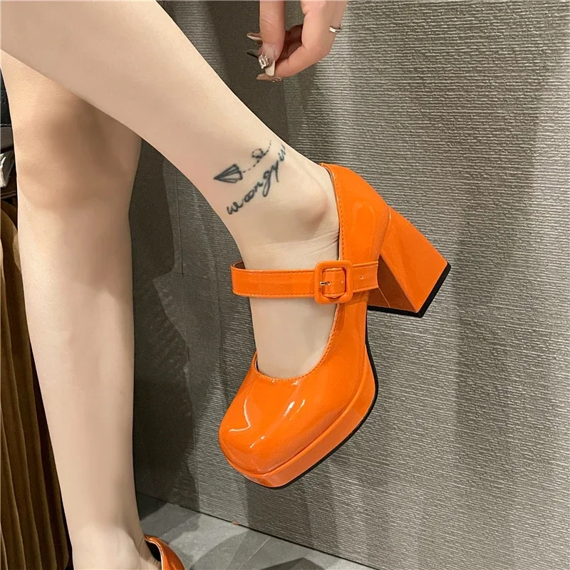 Lady Mary Jane Shoes 2023 New Platform Square Toe Women's Pumps 7cm Chunky Heels Orange Non-slip Women High Heels Big Size 35-44