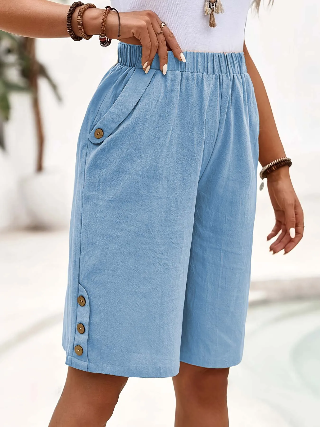 Linen Blend Women’s Summer Shorts Elastic Waist Solid Color Casual Beach Pants with Pocket  Breathable Comfort Fit