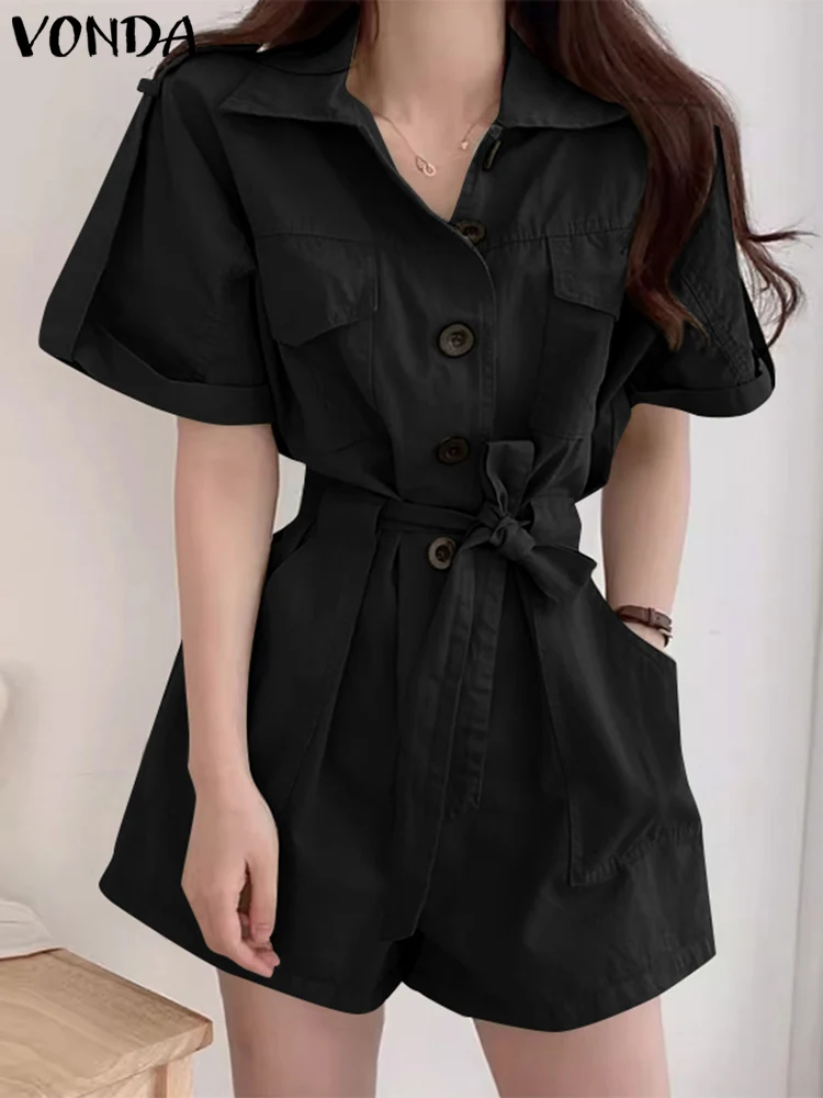 VONDA Women Jumpsuits 2024 Casual Short Sleeve Lapel Colar Short Rompers Solid Color Lapel Collar Rompers Wide Leg Workwear