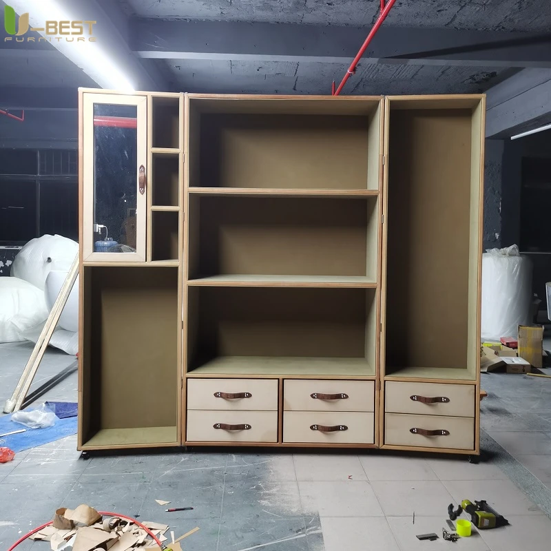 U-best American Style Tall Leather Trunk Corner Cabinet Loft Vintage Aluminum Sideboard Home Bar Aviator Storage Wine Display