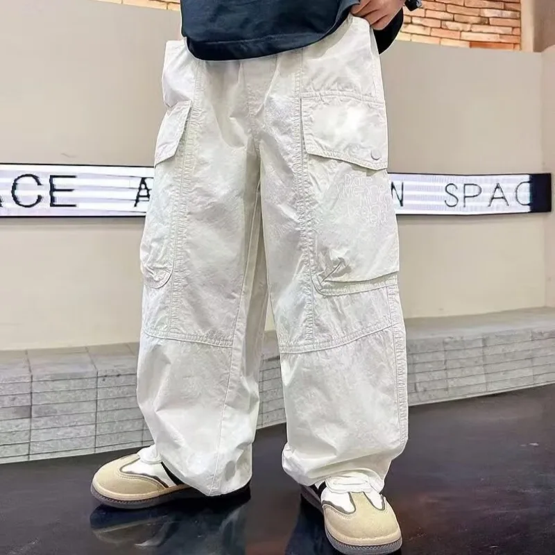 Pantalones de pierna recta finos de verano para niños, pantalones de pierna ancha holgados de nueva tendencia, pantalones deportivos informales guapos de Ruffian para niños 2025