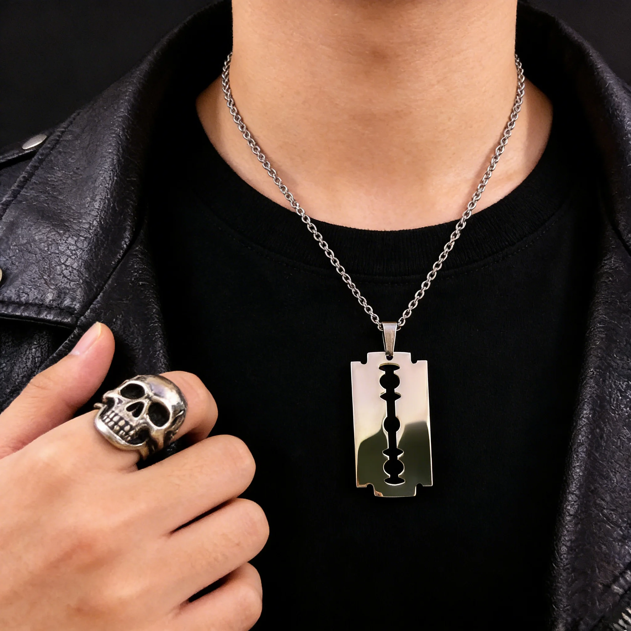 Hiphop Razor Blade Pendant Necklace Men Stainless Steel Male Knife Razorblade Shaver Shape Chain Jewelry  N443S01