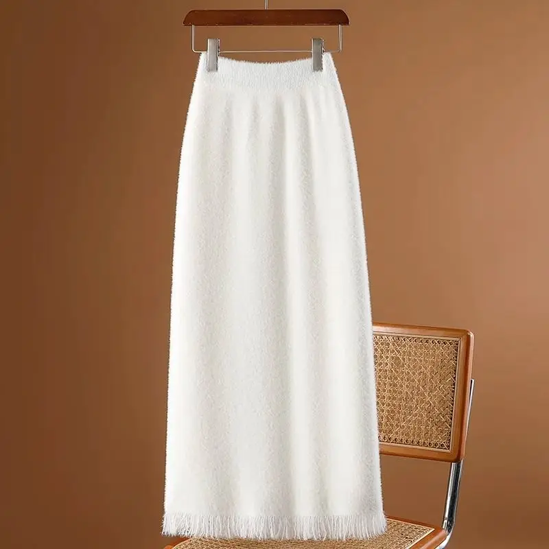 

Mink Velvet Elegant Women's Spring Autumn 2024 New High-waisted Thickened Warm Mid-length Fringe Knitted One-step Skirt LJ230