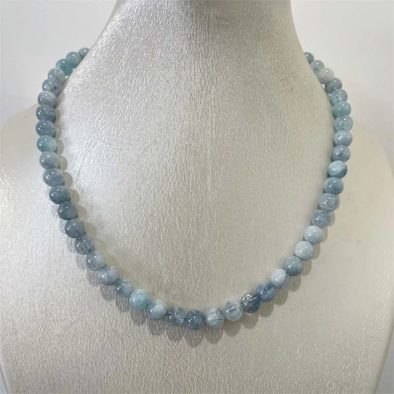 8MM Aquamarine Jade Necklace Blue Natural Stone Beads Biżuteria Opieka zdrowotna Ochrona kamieni szlachetnych Choker Uzdrawiająca joga Prosta kobieta