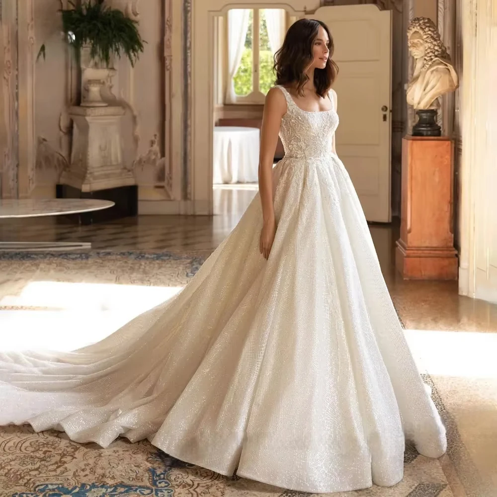 

Customized Sleeveless Off Shoulder Wedding Dress For Woman Bride Lace Shining Stickers Bareback Princess A-line Bridal Gown