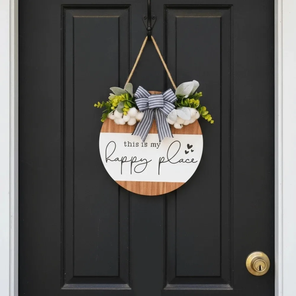 30cm 11.81in Wooden Welcome Sign Artificial Flower Plant Round Shape Door Wreath Bowknot American Country Style Wall Art
