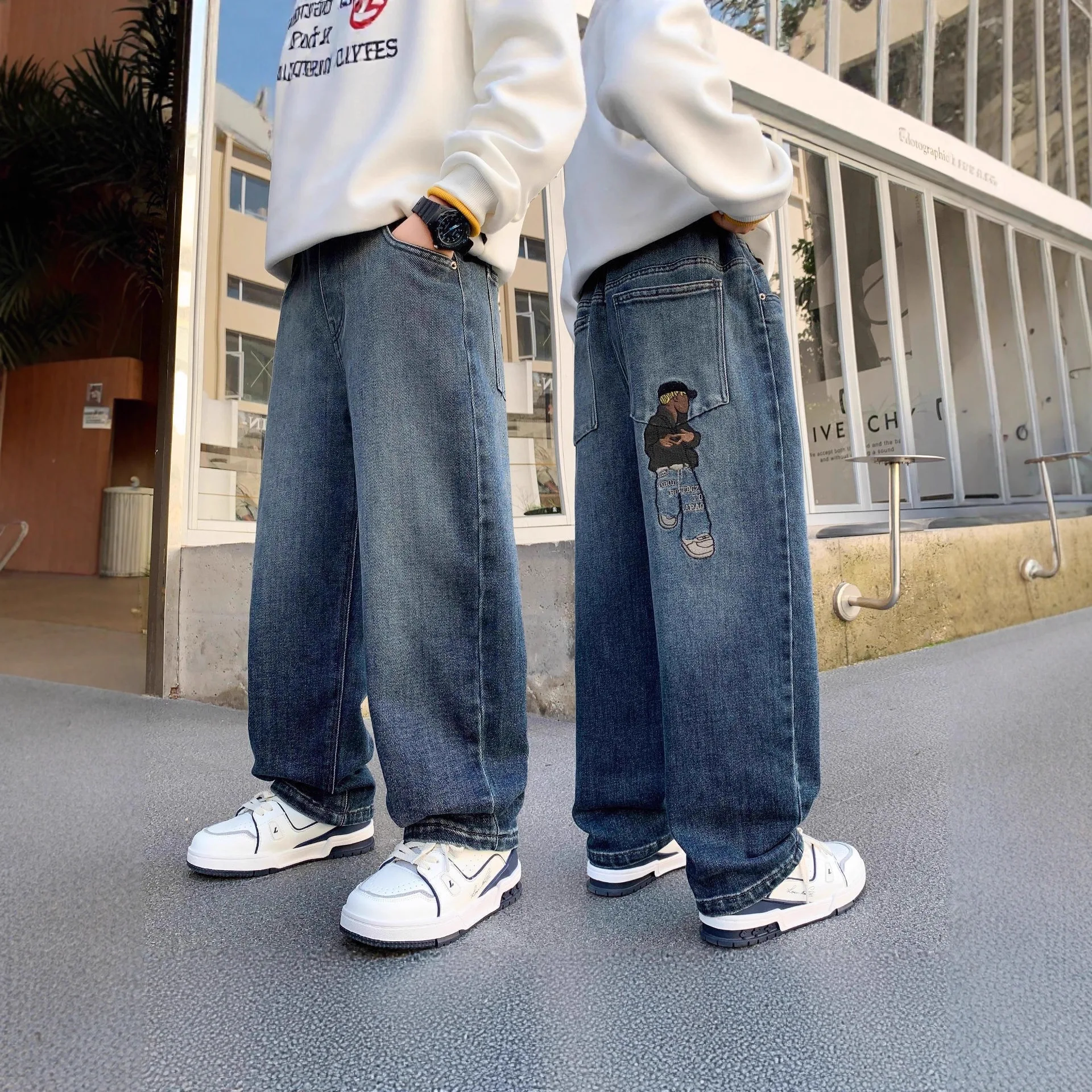 

Kids Baby Boy Jeans New Winter Cartoon Embroidery Thicken Warm Children 3-12 Boy Straight Leg Pant Elastic Waist Little Boy Pant