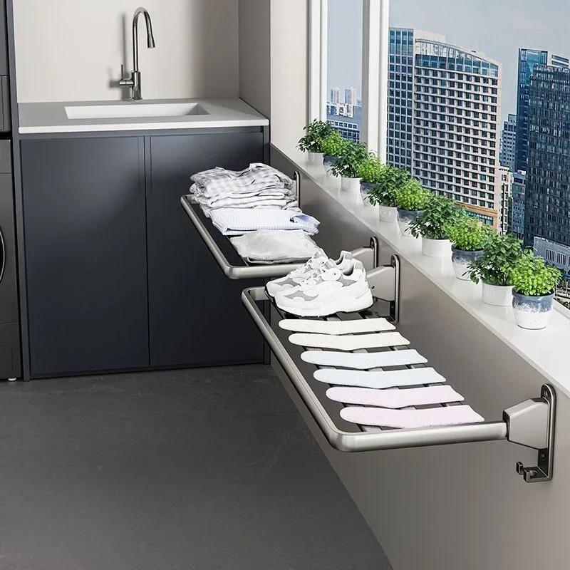Folding Hanging Clothes Dryer Portable Metal Wall Clothes Horse Space Saving Balcony Shoes Racks Home Bathroom Storage Rack view 2