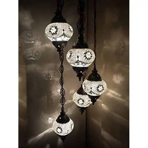 Handmade, Authentic, Mosaic Chandelier, Tiffany Style Glass, moroccan/Ottoman Style Night Lights (Black and White, 5 Globes)