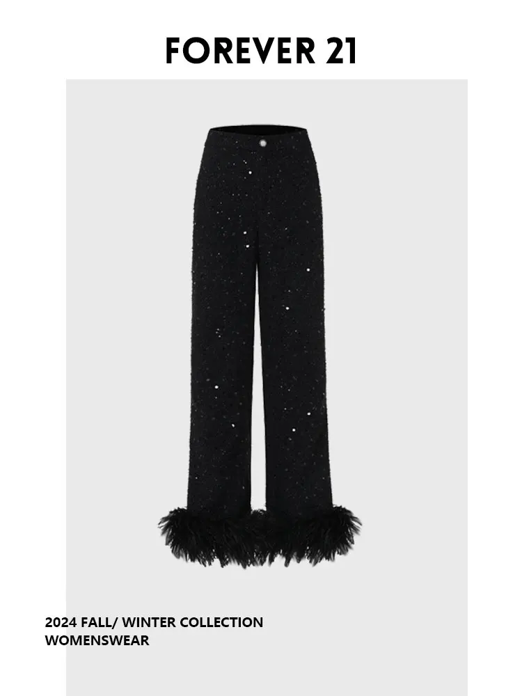 

Forever 2, блестящие широкие брюки со страусиными перьями, высокая талия, утягивающие женские модные осенние новые поступления