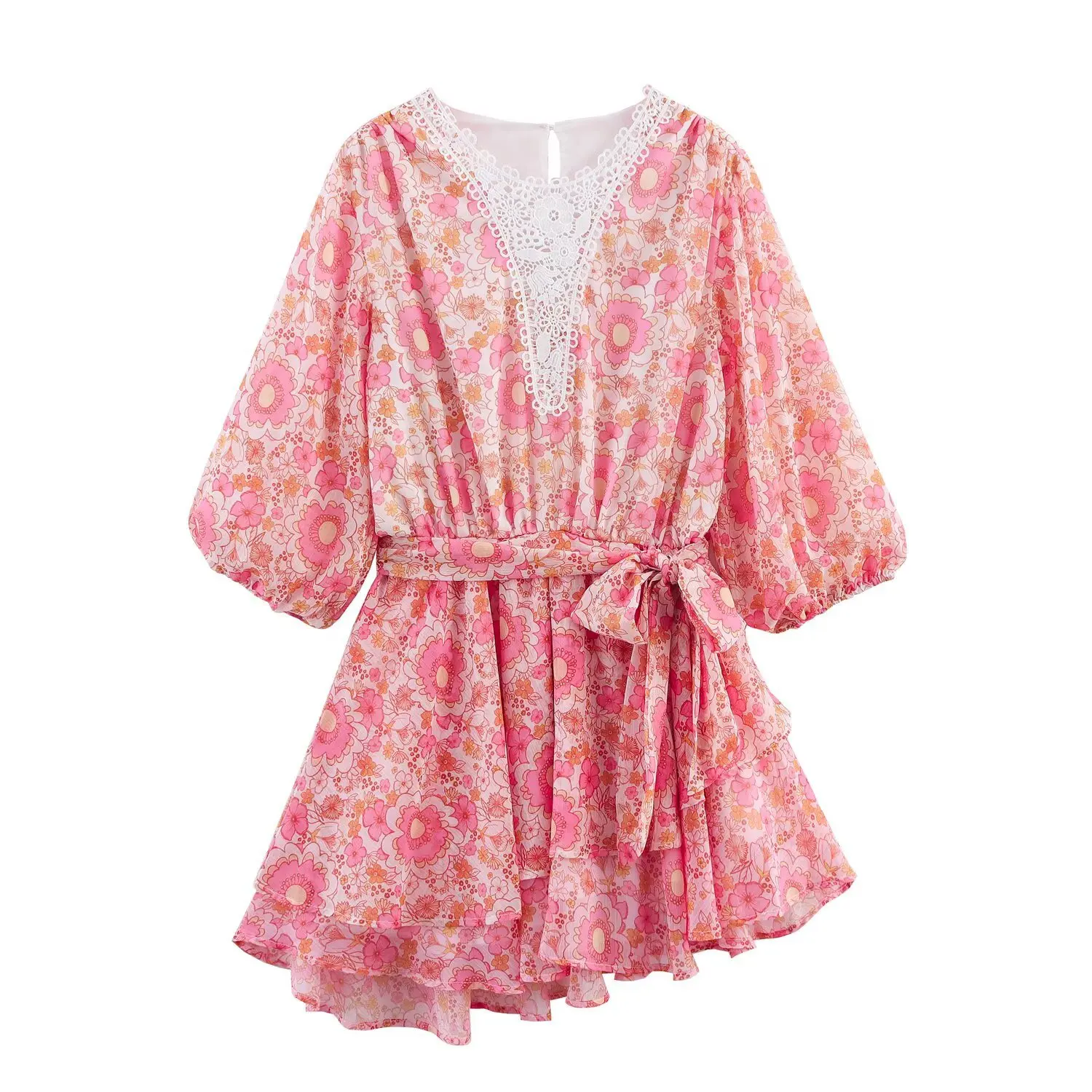

Women Vintage Pink Printed Mini Dress with Puff Sleeves O-Neck A-Line High Waist Short Dresses Holiday Beach Style
