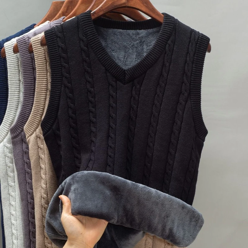 Men's Thick Fleece Lined Knit Vest Sweater Winter Warm Sleeveless Cardigan Waistcoat