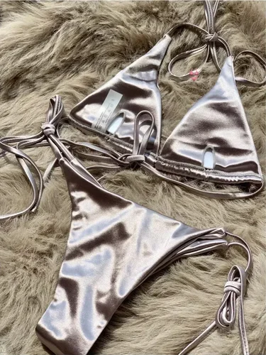 Imagen 2 del producto Bikini envolvente de satén metálico con cuello Halter para mujer, traje de baño para mujer, conjunto de Bikini de dos piezas, traje de baño brasileño para nadar para mujer