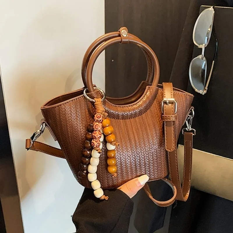 

Woven Vegetable Basket Small Bag Women's New Fashion Portable Bucket Bag Summer Retro Commuter Messenger Bag Exquisite Simple