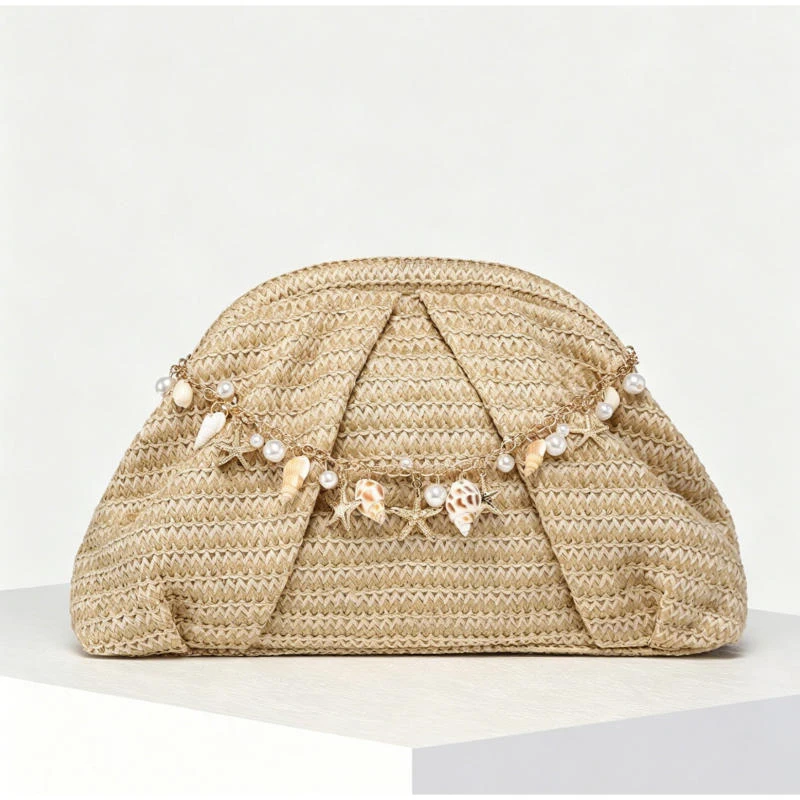 Vintage Häkel-Clutch, Retro-Handtasche für Damen, Sommer Boho Nieten-Dekor, gerüschte Handtasche mit wolkenförmigem Verschluss – Detail 8