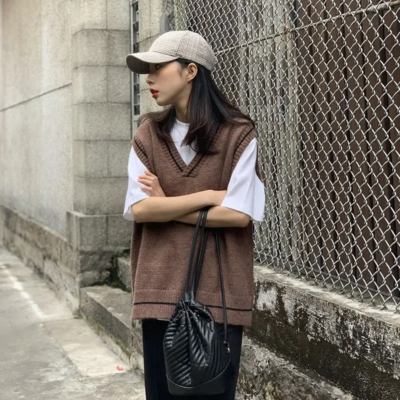 Preppy Style Patchwork V-Neck Sweater Vest Loose Pullover Sleeveless Vests Student Korean Fashion Sweater Oversize Female Vest