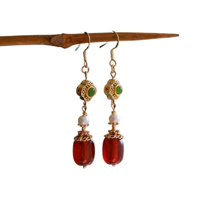 

New Chinese style earrings, ancient Hanfu cheongsam, niche high-end agate earrings, ear hooks