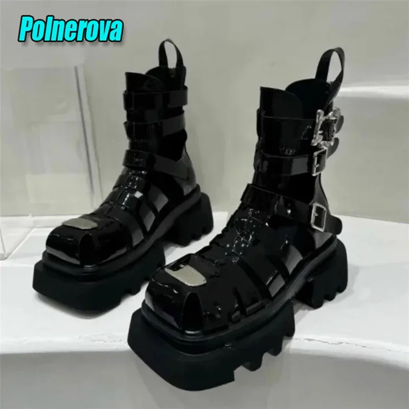 

Thick Soled Metal Buckle Gladiator Sandals for Women Designer Roman Style Woven Sandal Boots Summer Trendy Hollow Women's Shoes