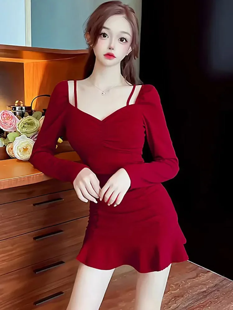 2024 Red Long Sleeve Chic Sling Sexy Mini Dress Women Elegant Casual Ruffled Prom Dress Autumn Korean Bodycon Dance Party Dress