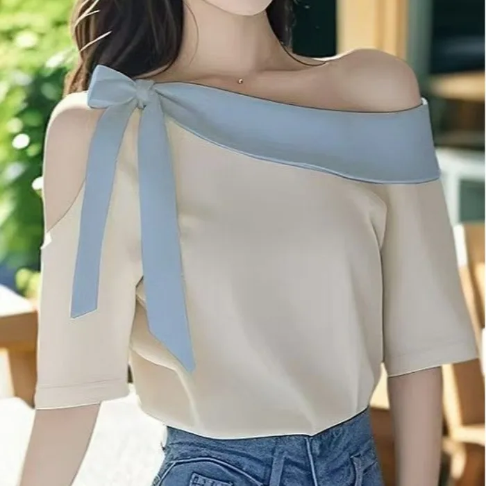 Fashionable Versatile New Chinese Style Slant Collar Outerwear Shoulder Bared Base Layer Meat Concealing Top T-Shirt for Women