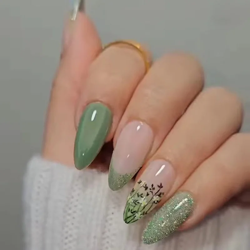 Unhas de gel autoadesivas acrílicas, olho de gato francês, floral, design de borboleta, pressione unhas, verde amêndoa, verão, 24pcs