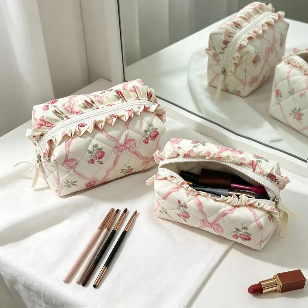 1pc High Quality Quilted Makeup Bag Floral Bow Large Capacity Toiletry Bag Cosmetic Pouch Home Travel