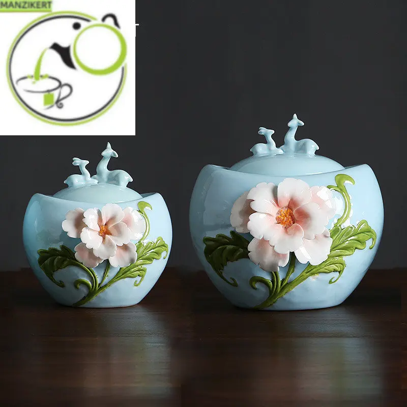 

High-end Three-dimensional Flowers Ceramics Tea Caddies Sealed Canister Tea Leaf Jar Candy Containers Travel Tea Bag Storage Box