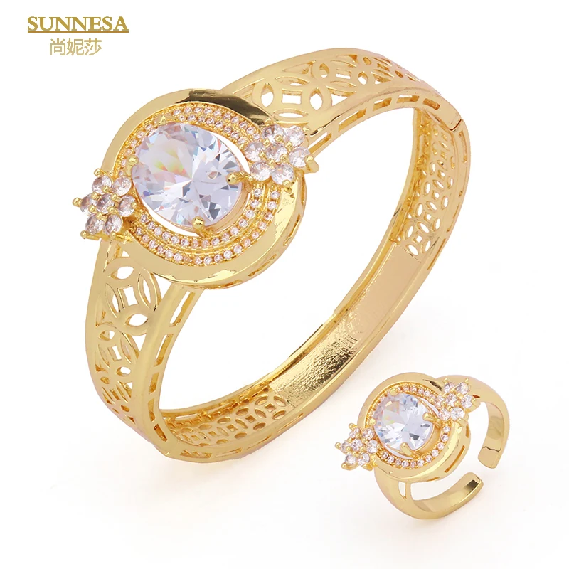 

SUNNESA Luxury Brazilian Zirconia Bracelet for Women Wedding Party 18k Gold Plated Bangles Ring Set African Jewelry Accessories