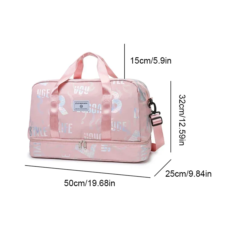 Chic Letter Print Large Capacity Gym Bag With Shoe Compartment Versatile Travel Duffle Dry/Wet Separation Shoulder Crossbody Bag