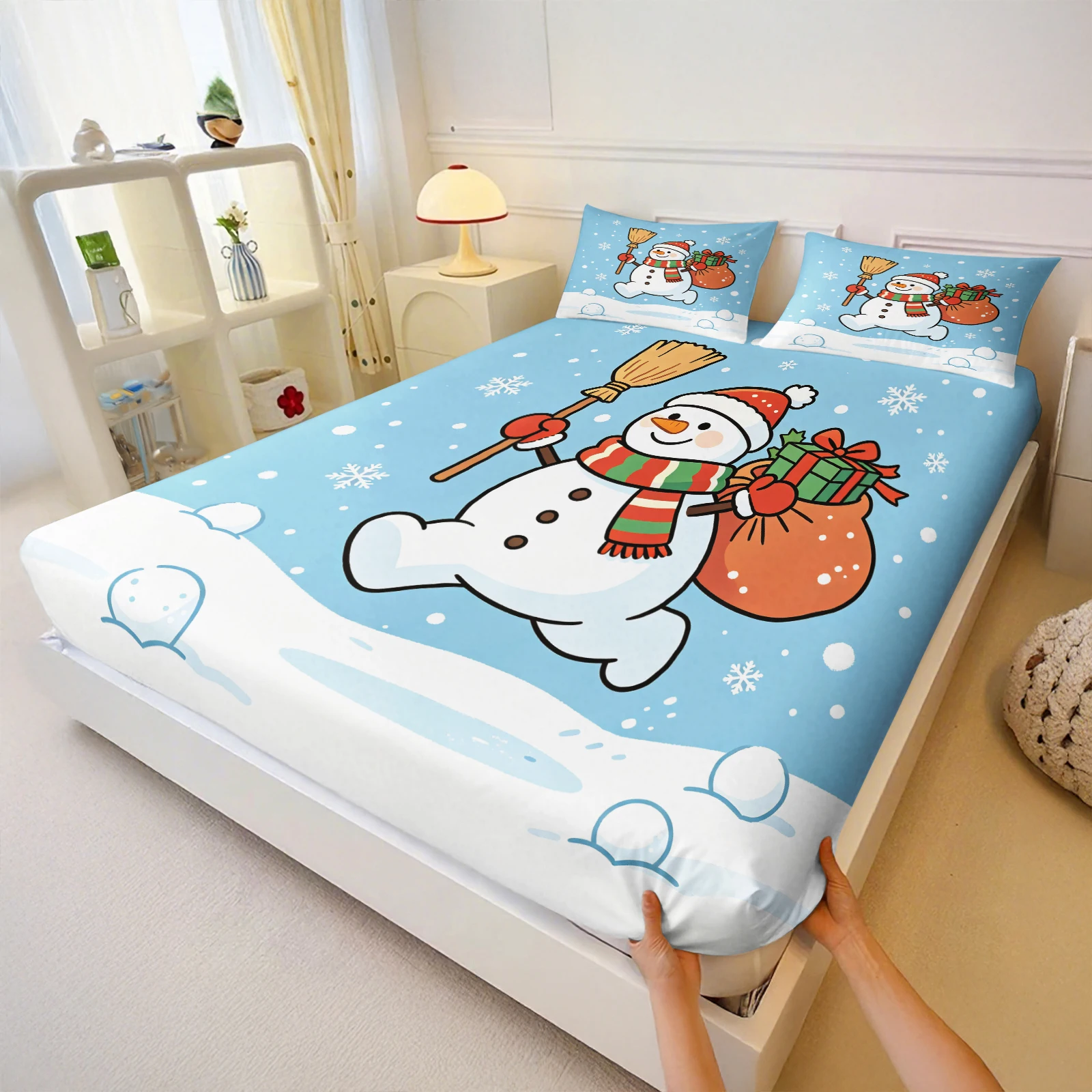 Cute Cartoon Snowman Fitted Sheet Set Stretch Wrap‑Around Bed Cover Smooth Bedding For Holiday Home Makeover