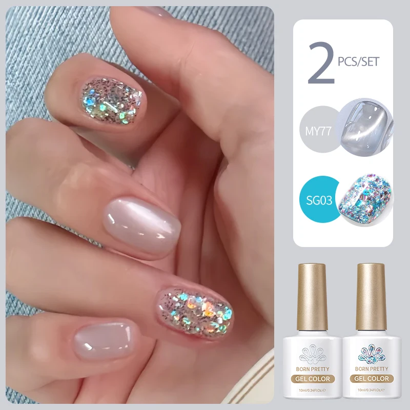 

BORN PRETTY 2Pcs/Set 10ml White Light Cat Magnetic Gel Polish with Blue Sequins Glitter Gel Soak Off UV Gel Nail Art Varnish