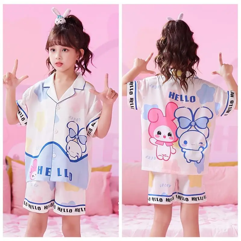 Sanrios Kuromi My Melody Cinnamoroll Pajamas Suit Kawaii Anime Summer Loose Fitting Leisure Ice Silk Kid Short Sleeve Shorts Set