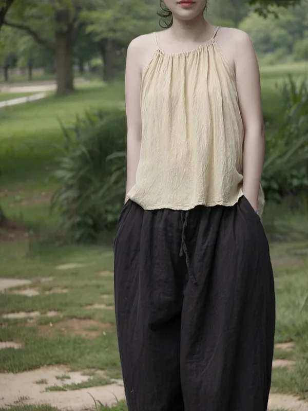 

Cute Dstring Cotton Linen Vest Agel Design Inner Outer Wearable Casual Summer Top Chinese Brand Women's Faion Vest